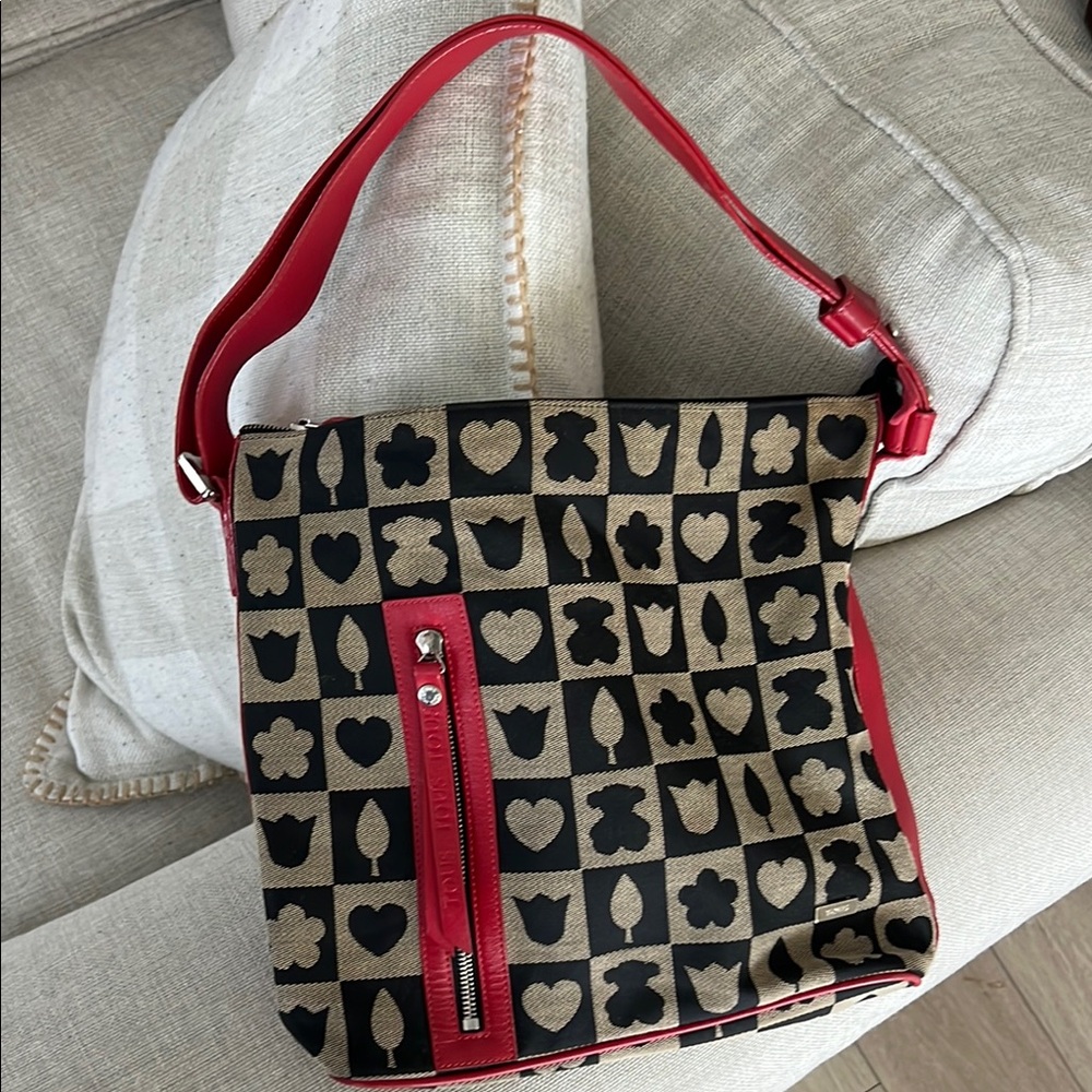 Authentic Tous Large Red Black Canvas Crossbody Shoulder Tote Bag